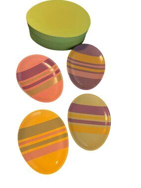 Dept 56 Set of 4 Ceramic Easter Egg Plates Green Box Stripes 8" x 6" Spring